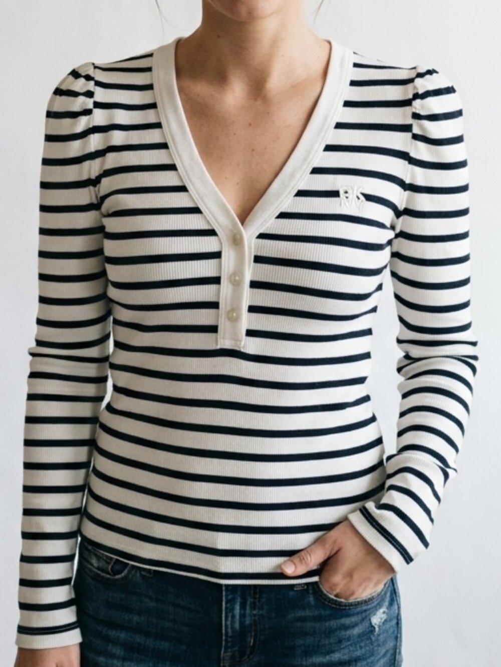 DKNY Black and White Striped Ribbed Henley Shirt Women's Size M
